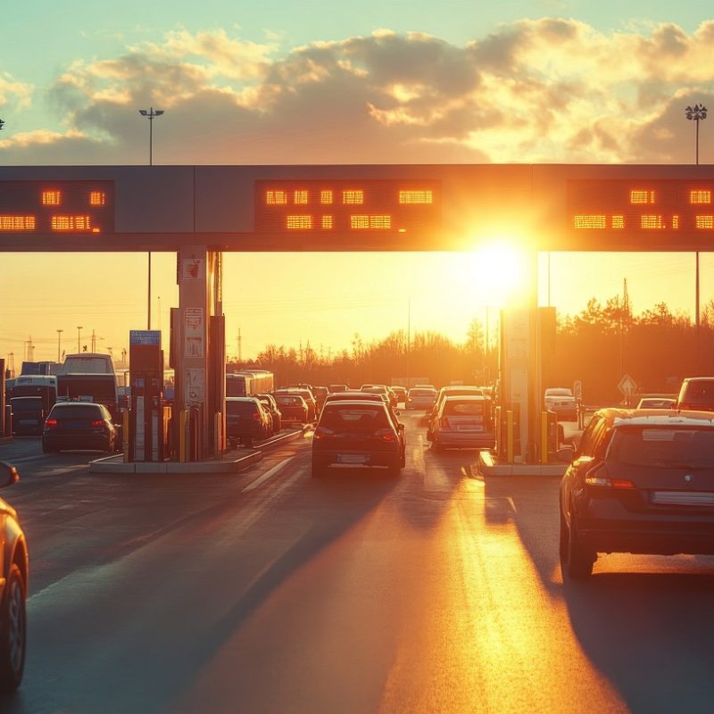 A modern toll booth on a motorway, with cars lined up and the sun setting in the background, representing the efficiency and infrastructure of road travel.